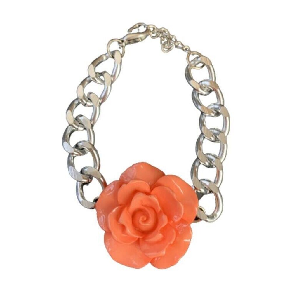 3D Rose Flower Bracelet Jewelry Silver Link Chain Chunky Feminine